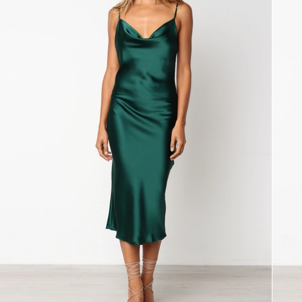 Emerald green slip dress with cowl neck, petal& pup